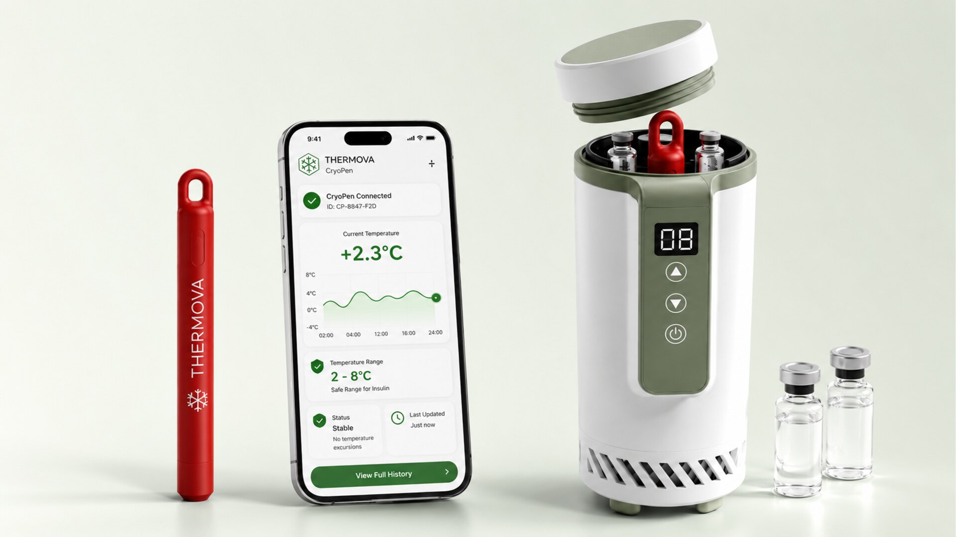 Thermova DE03 CryoPen smart insulin cooler with live temperature monitoring on phone