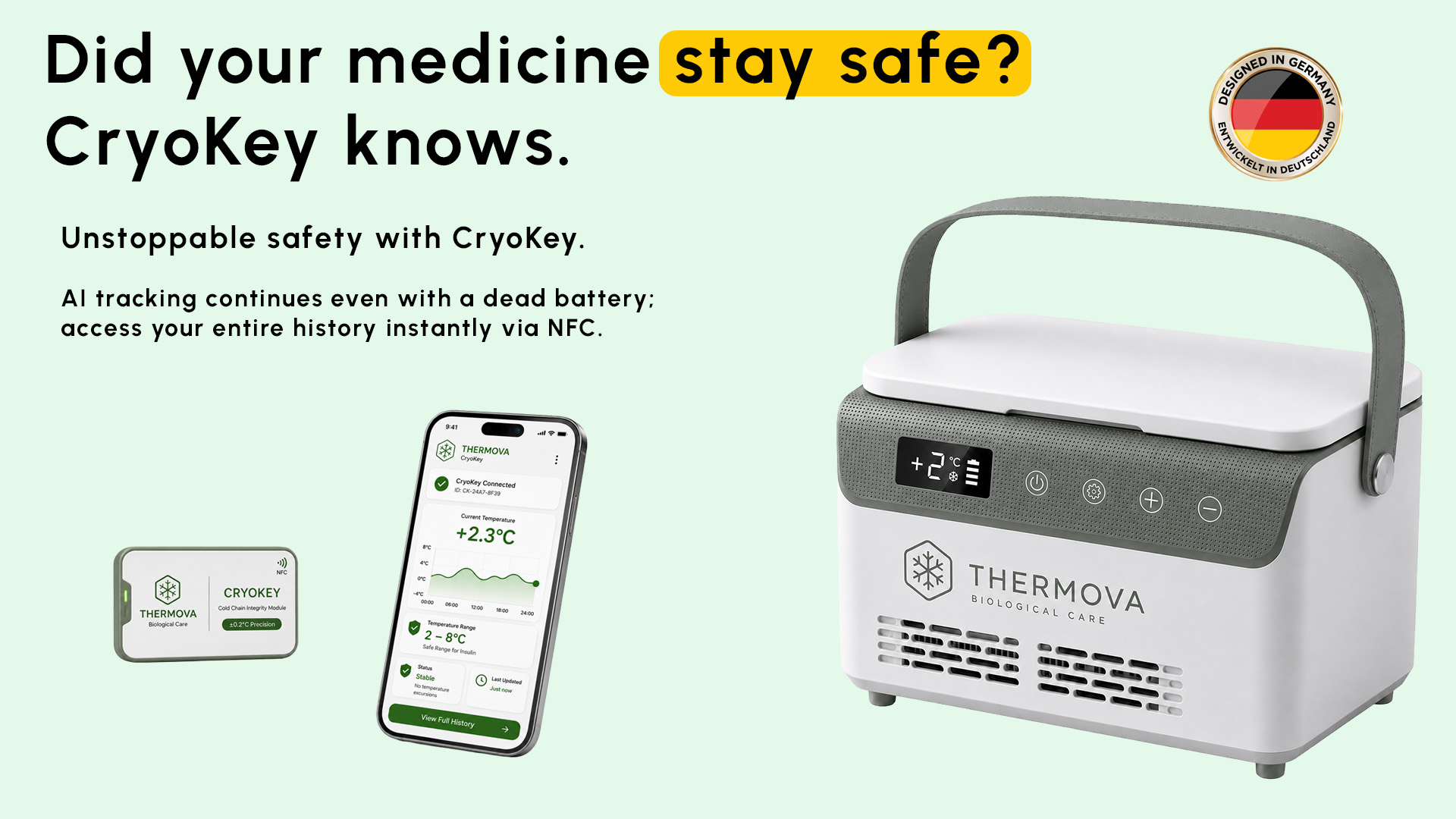 Thermova medical cold-chain transport case with CryoKey module